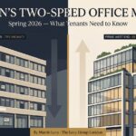 View across central London showing modern Grade A office towers alongside older office stock — illustrating the bifurcated London office market