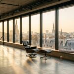 Empty Grade A office floor at golden hour overlooking the West End rooftops