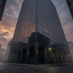 A monolithic City of London glass office tower at dusk, viewed from an empty cobbled street below.